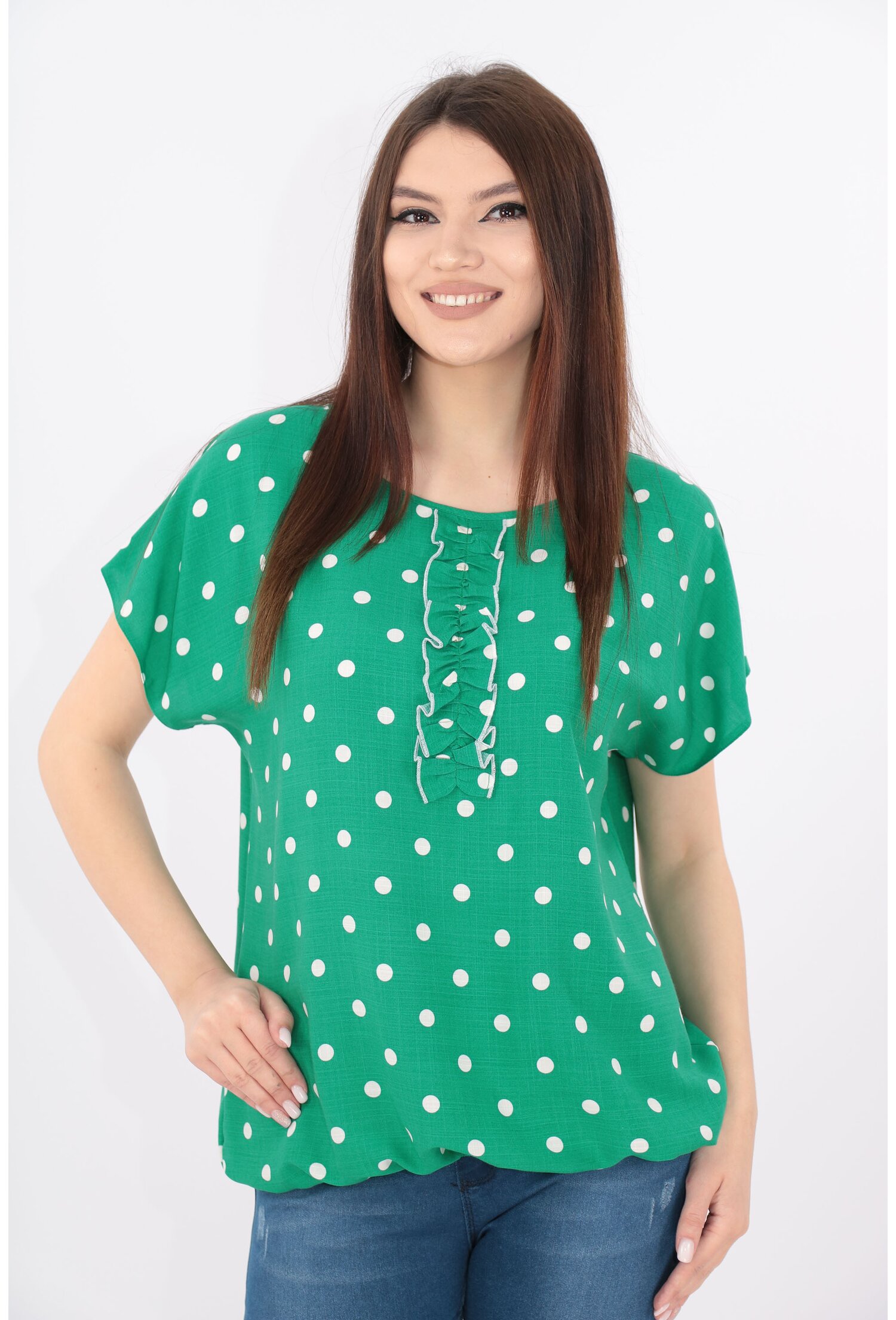 Bluza lejera verde cu buline albe