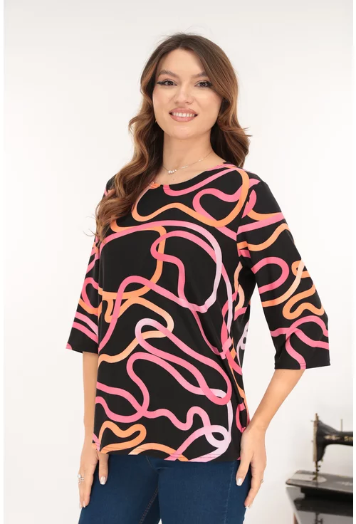 Bluza neagra din bumbac cu print abstract corai