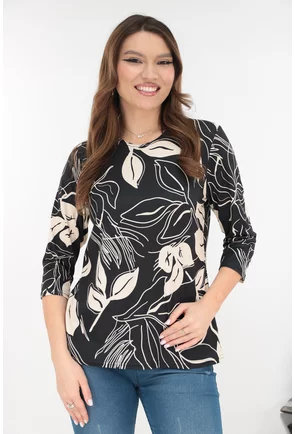 Bluza neagra din vascoza cu imprimeu floral bej