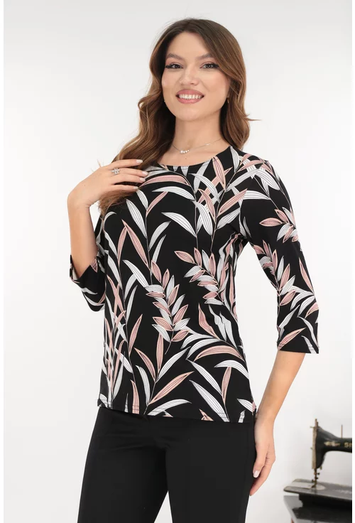 Bluza neagra din vascoza cu imprimeu floral roz-alb