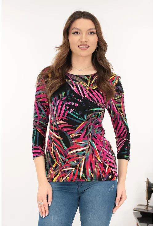 Bluza neagra din vascoza cu imprimeu tropical ciclamen