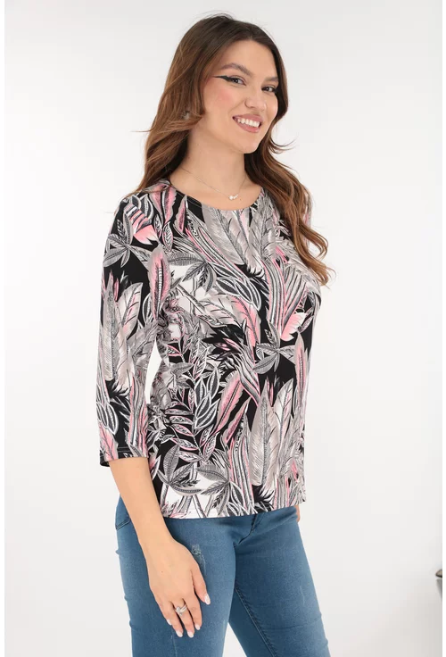 Bluza neagra din vascoza cu print floral gri-corai