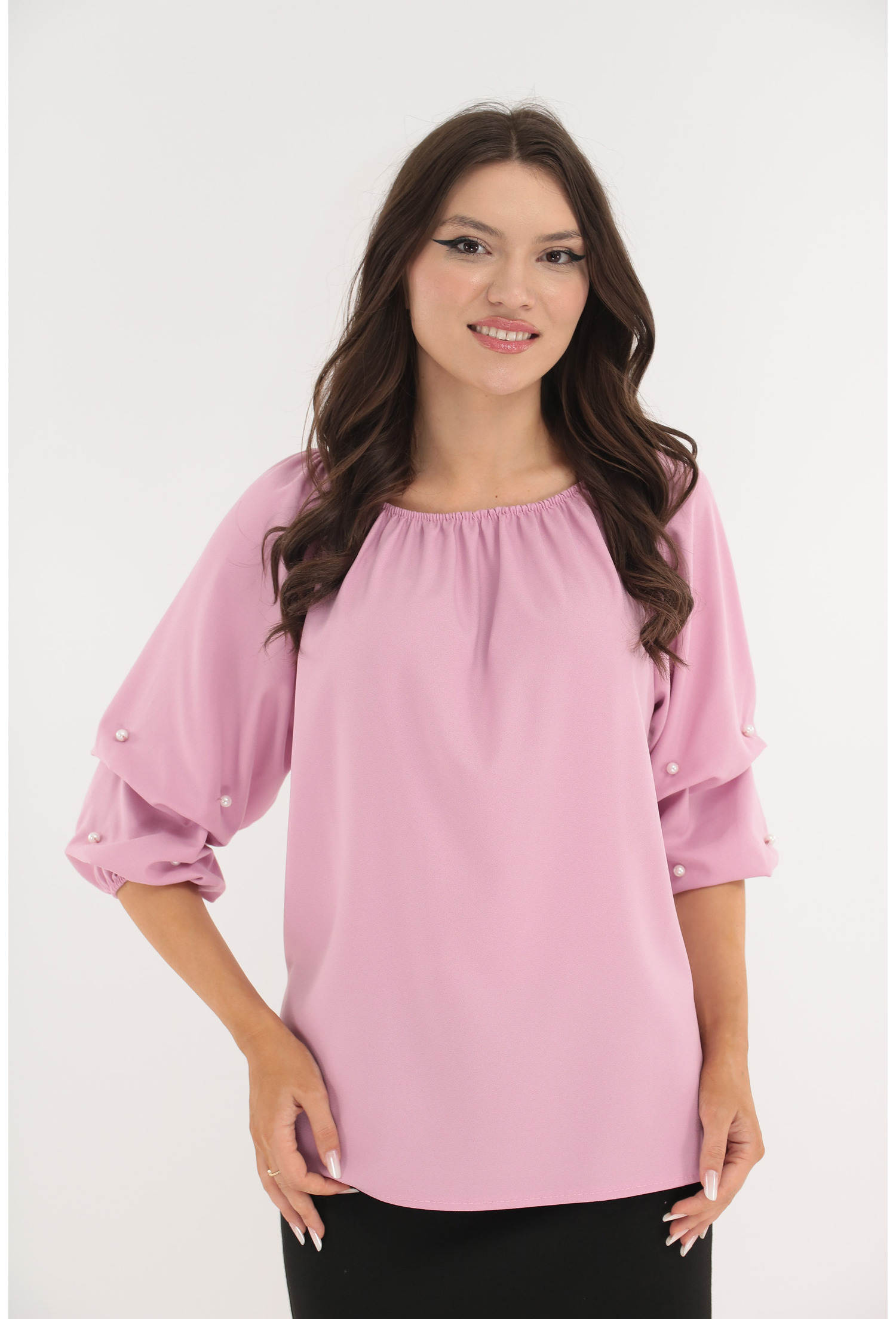 Bluza roz-pudra cu maneci bufante si perlute