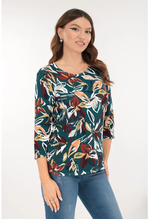 Bluza verde din vascoza cu imprimeu floral bordo-orange