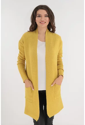 Cardigan galben tricotat cu buzunare aplicate
