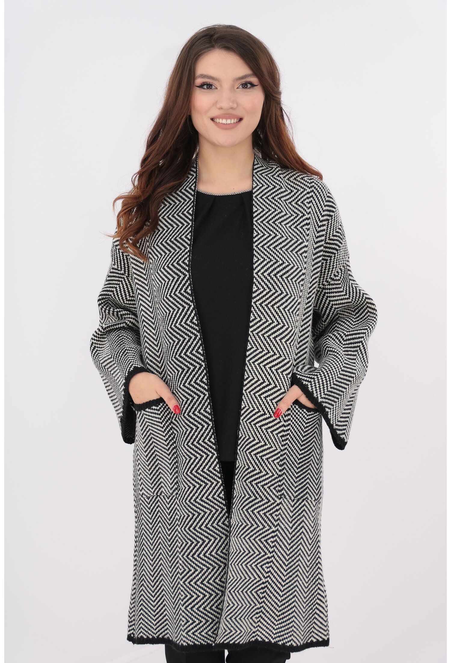 Cardigan gros cu model zig zag negru