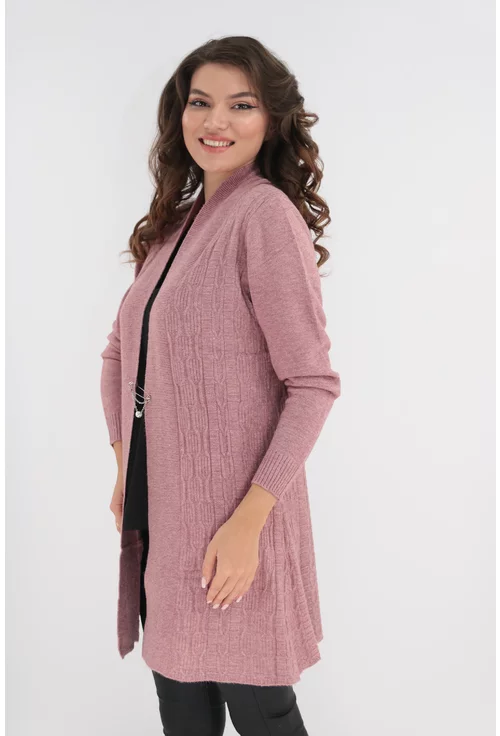 Cardigan roz-prafuit tricotat cu model in relief si brosa