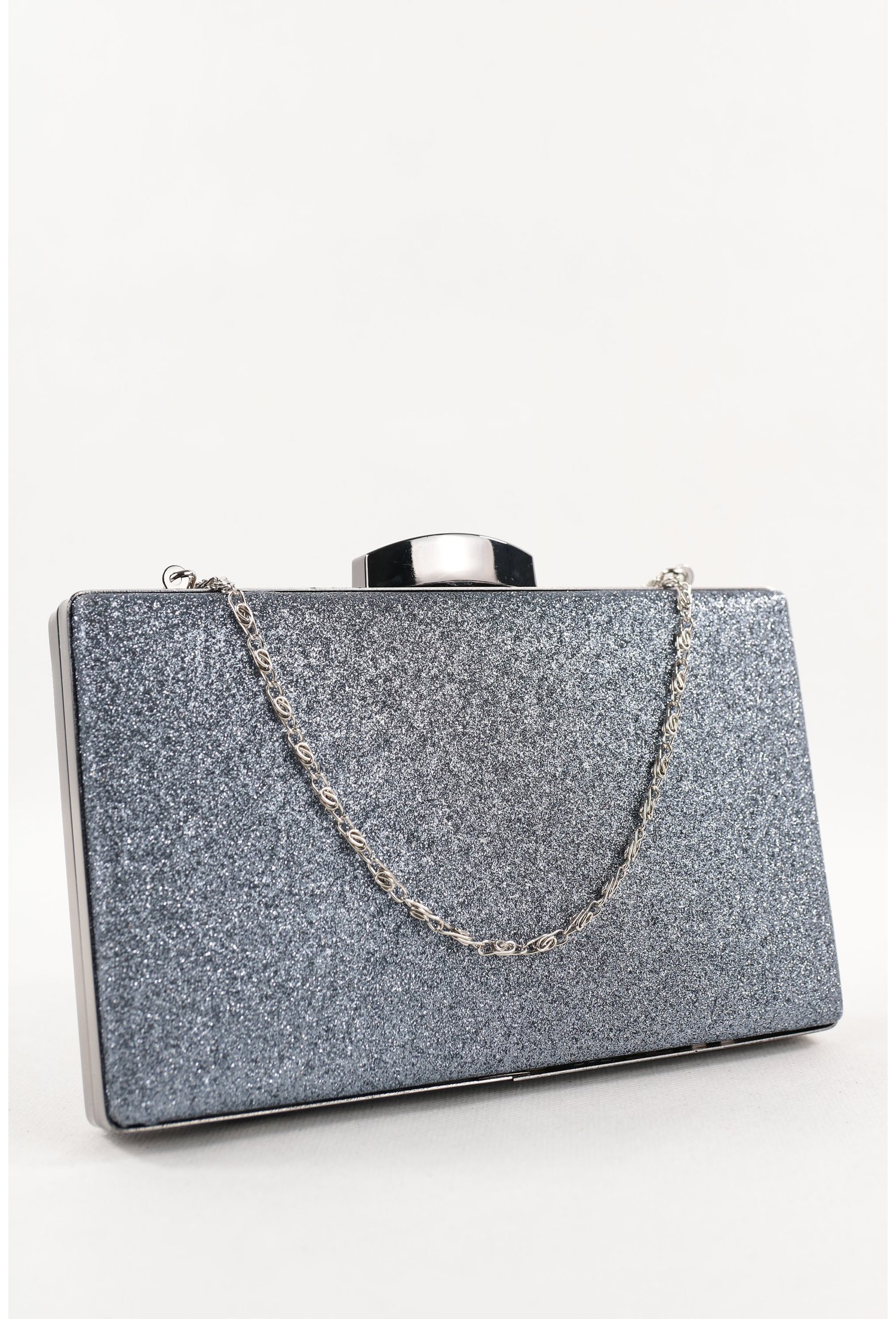 Clutch gri petrol din material textil tip lurex