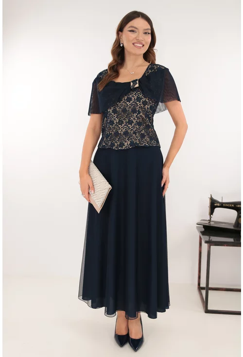 Compleu elegant - bluza din dantela si fusta din tulle bleumarin