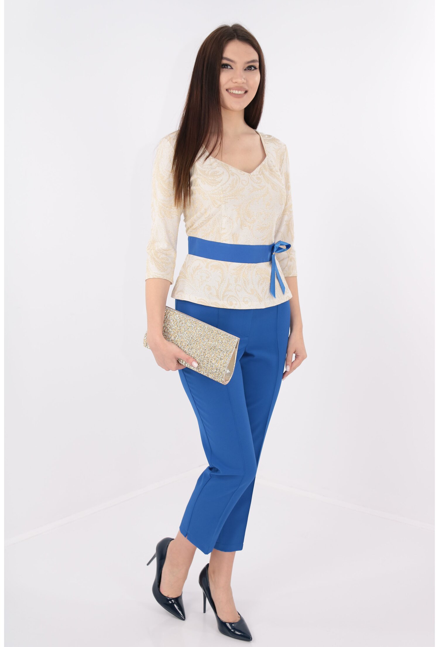 Costum elegant bluza din brocard si pantaloni albastri image1
