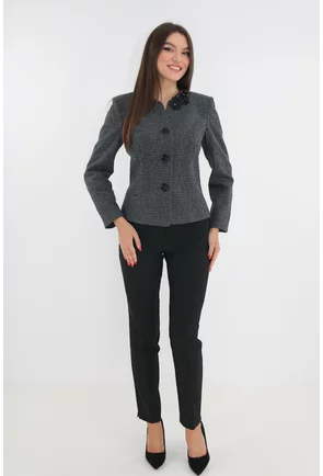 Costum - sacou cu imprimeu gri-negru si pantaloni negri