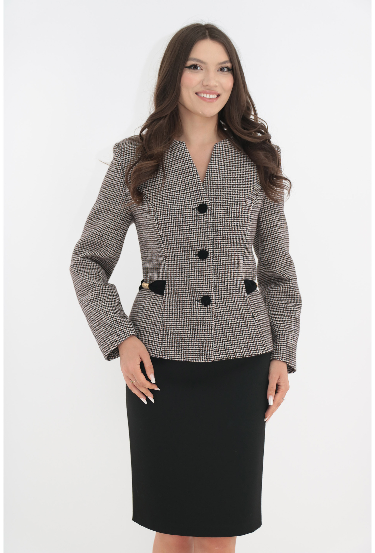 Costum - sacou din stofa tweed maro si fusta din stofa neagra