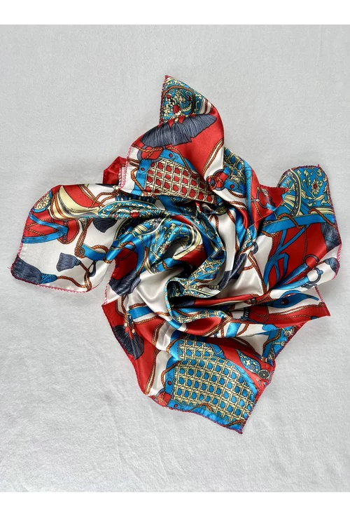 Esarfa patrata satinata cu print abstract rosu-albastru