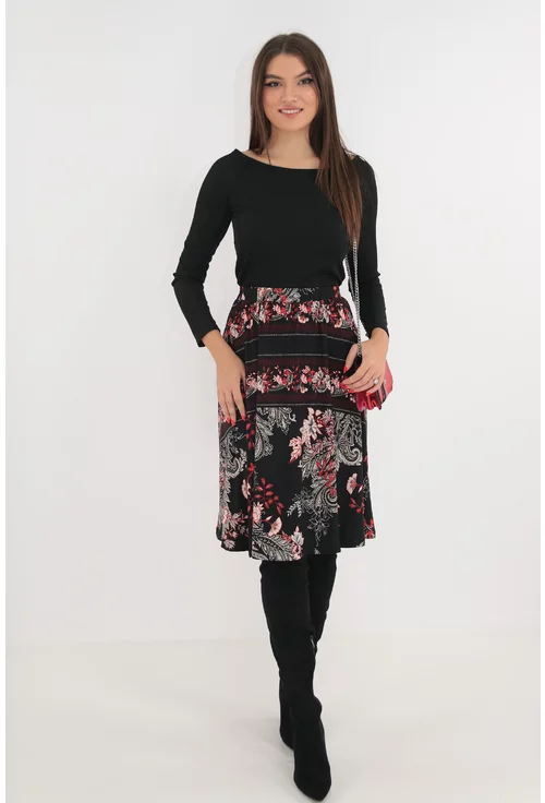 Fusta neagra cu imprimeu floral rosu
