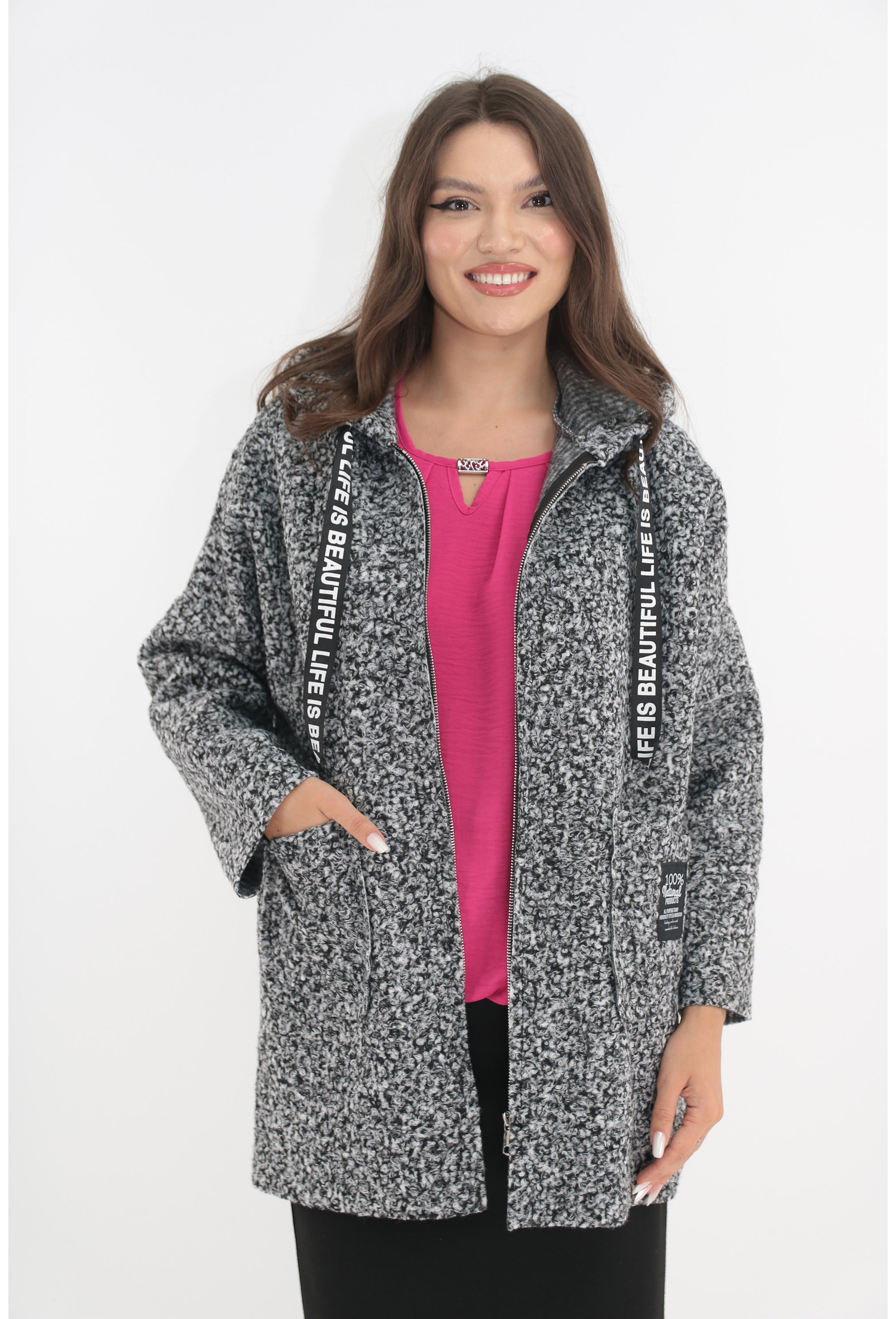 Jacheta oversized din stofa bucle gri pepit