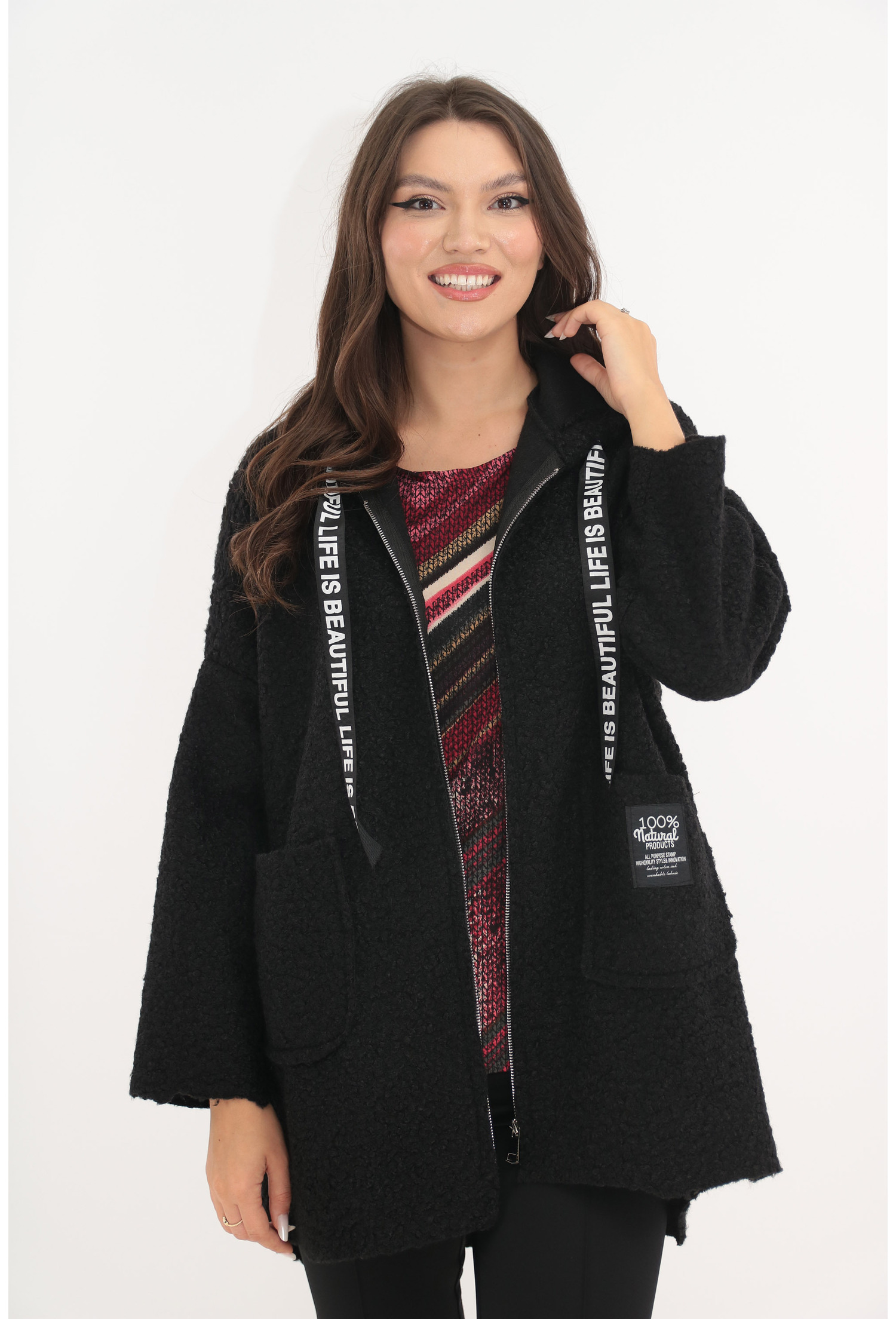 Jacheta oversized din stofa bucle neagra