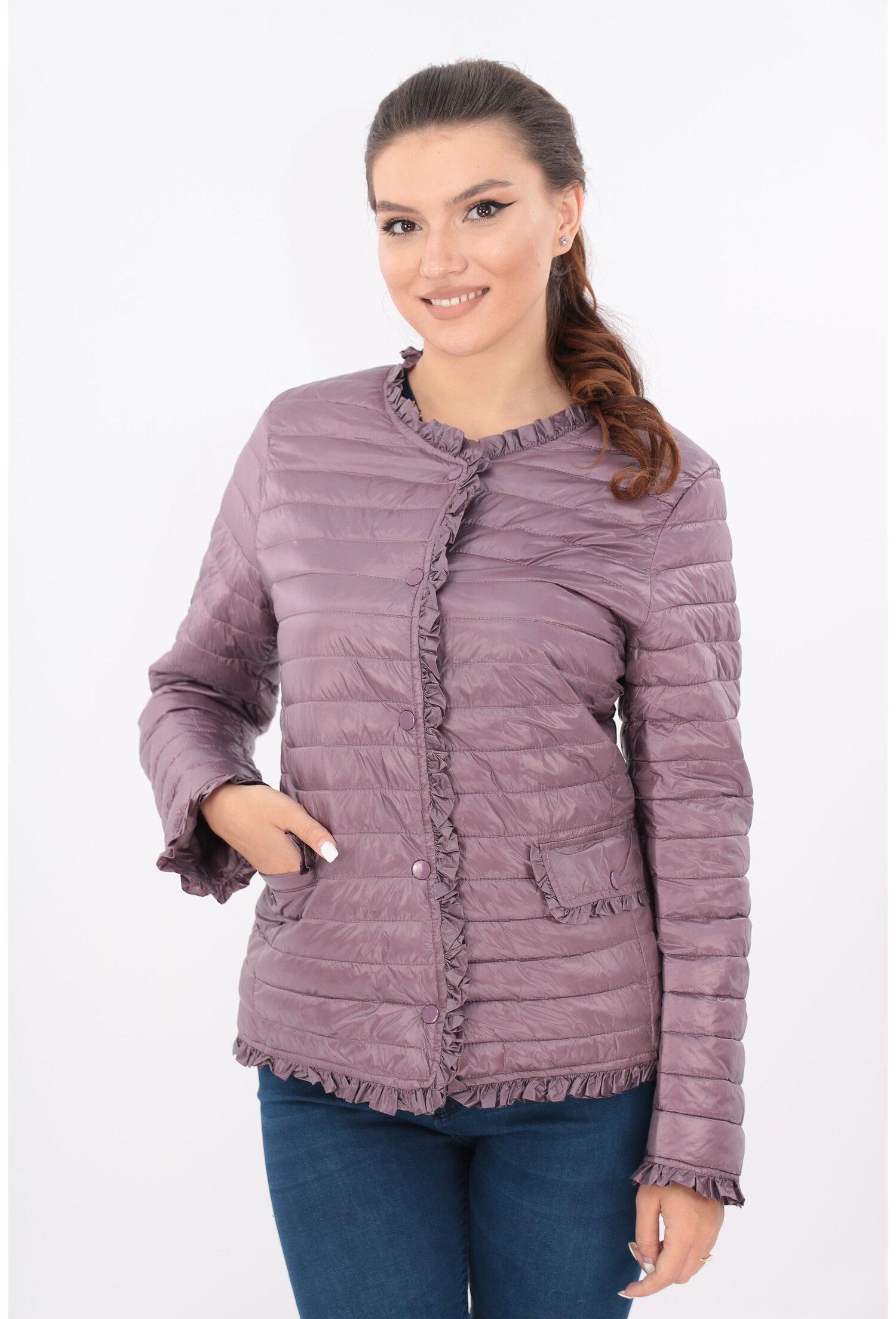 Jacheta violet din fas matlasat cu volanase