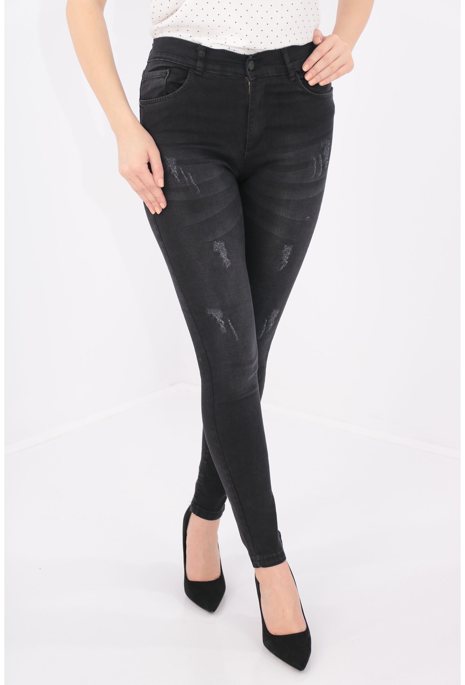 Jeans negri rupti skinny fit cu talie inalta
