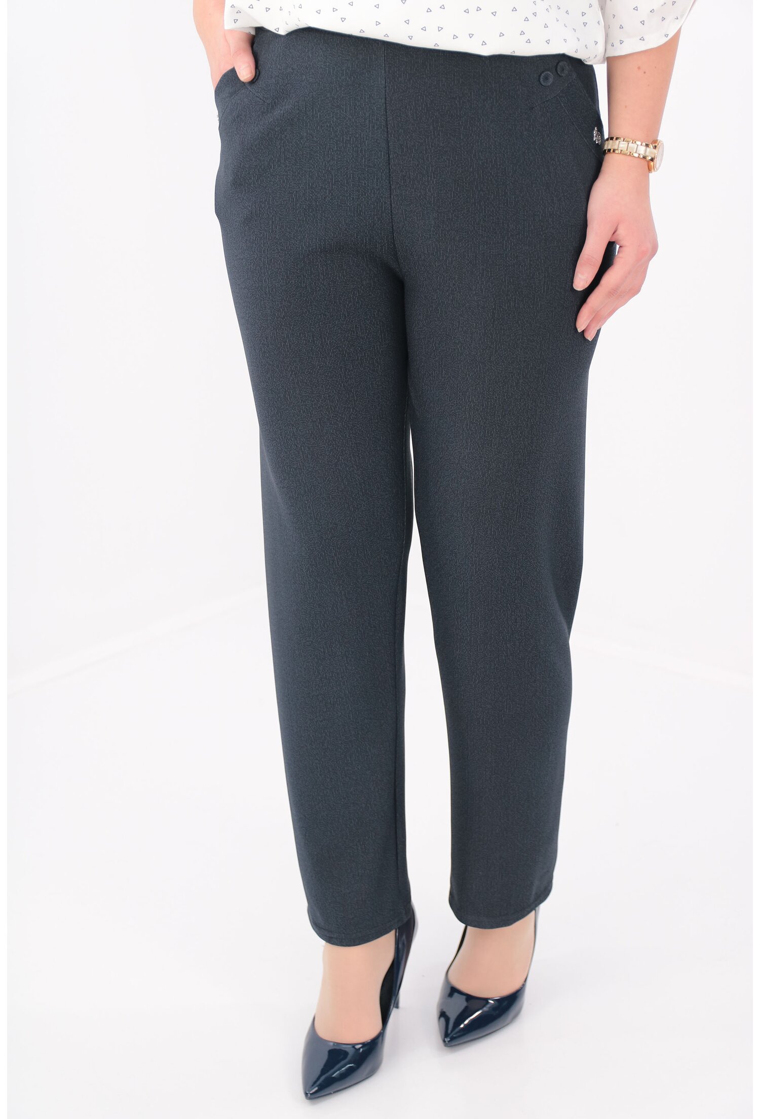 Pantaloni office bleumarin cu imprimeu discret cu dungi