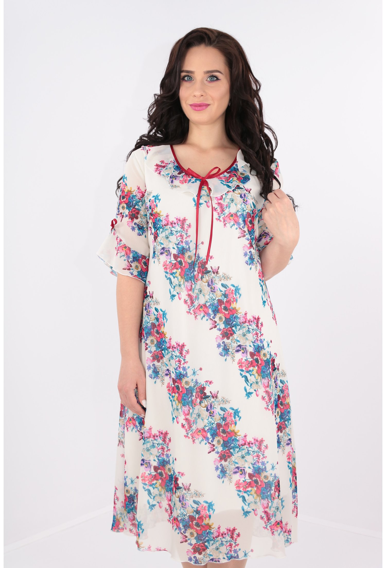 Rochie alba din voal cu print floral multicolor