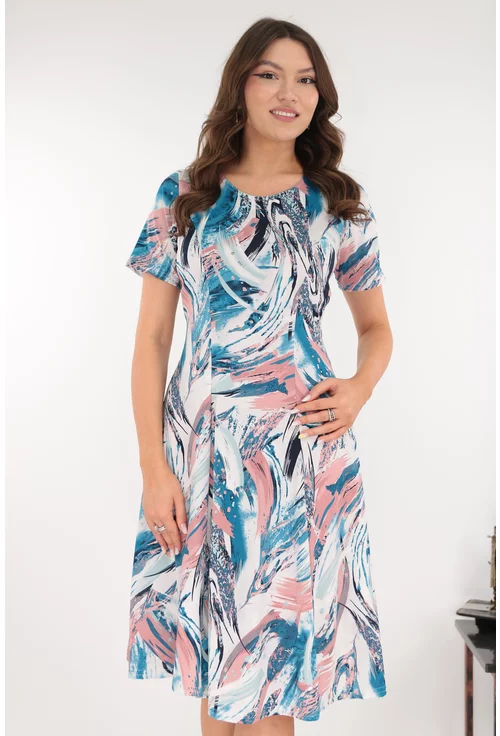 Rochie alba in clini cu print abstract albastru-cafeniu
