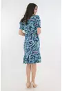 Rochie albastra cu print abstract multicolor cu maneci bufante si volanas la tiv