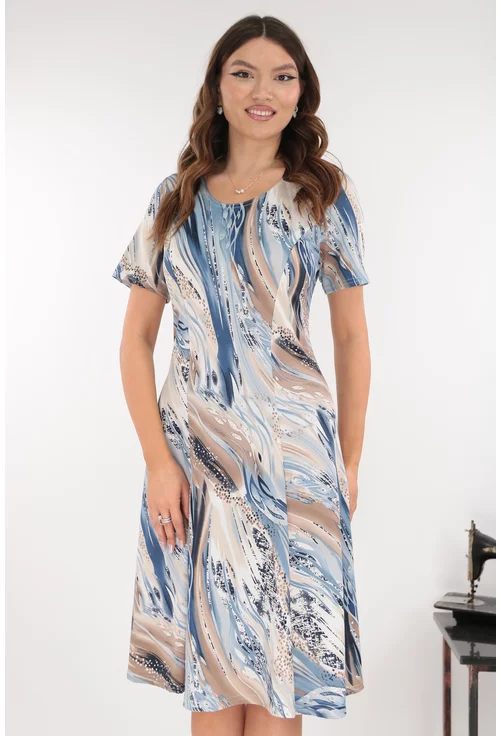 Rochie albastra in clini cu print abstract bej