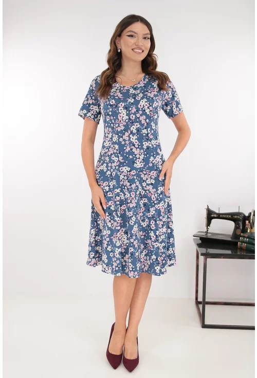 Rochie albastra in clini cu print floral roz-gri