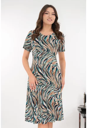 Rochie bej in clini cu print abstract verde-negru