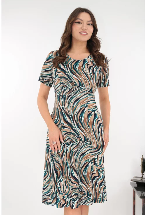 Rochie bej in clini cu print abstract verde-negru
