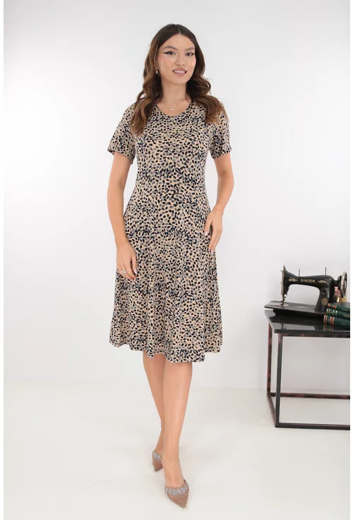 Rochie bej in clini cu print geometric bleumarin