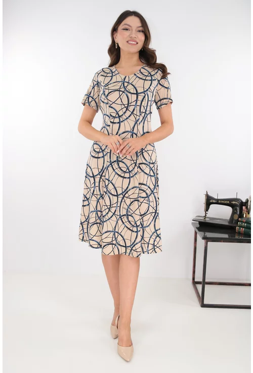 Rochie bej in clini cu print geometric bleumarin