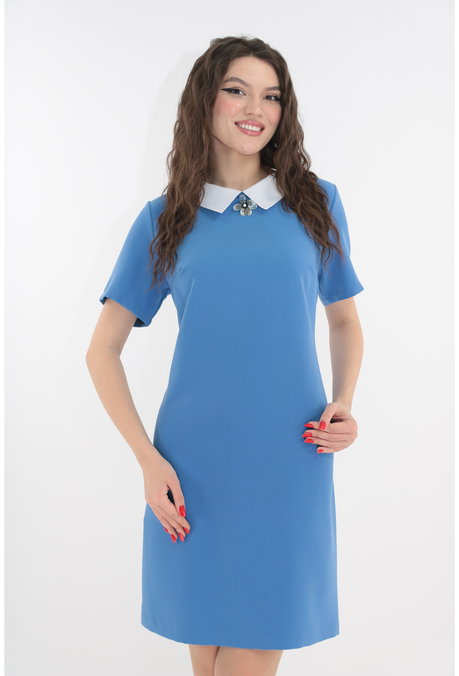 Rochie bleu de zi cu guleras alb