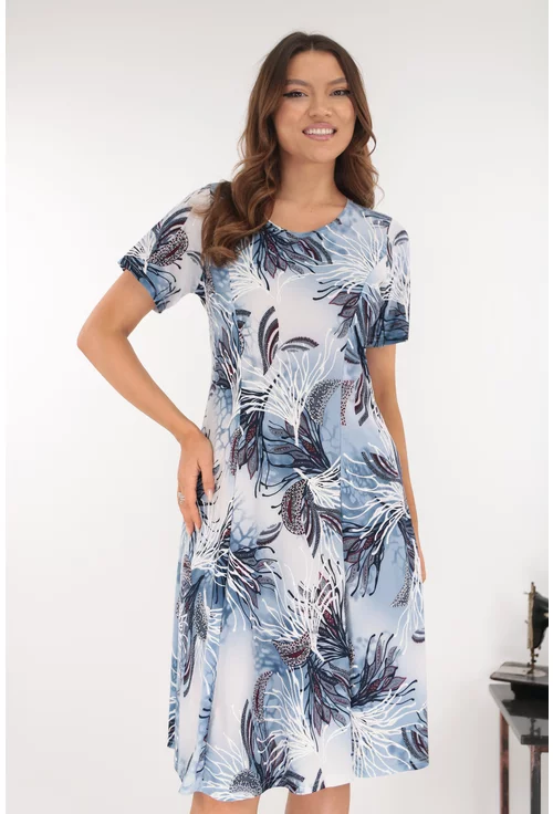 Rochie bleu in clini cu print floral bleumarin-alb