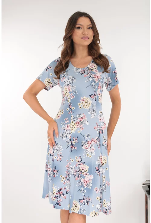 Rochie bleu in clini cu print floral roz-crem