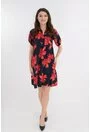 Rochie bleumarin cu flori rosii maxi si volane