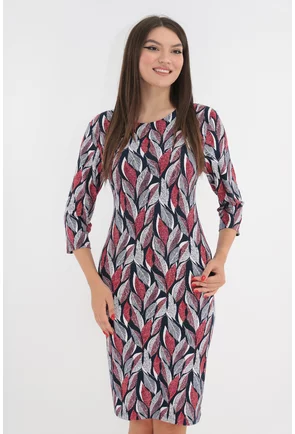Rochie bleumarin cu frunze rosii imprimate