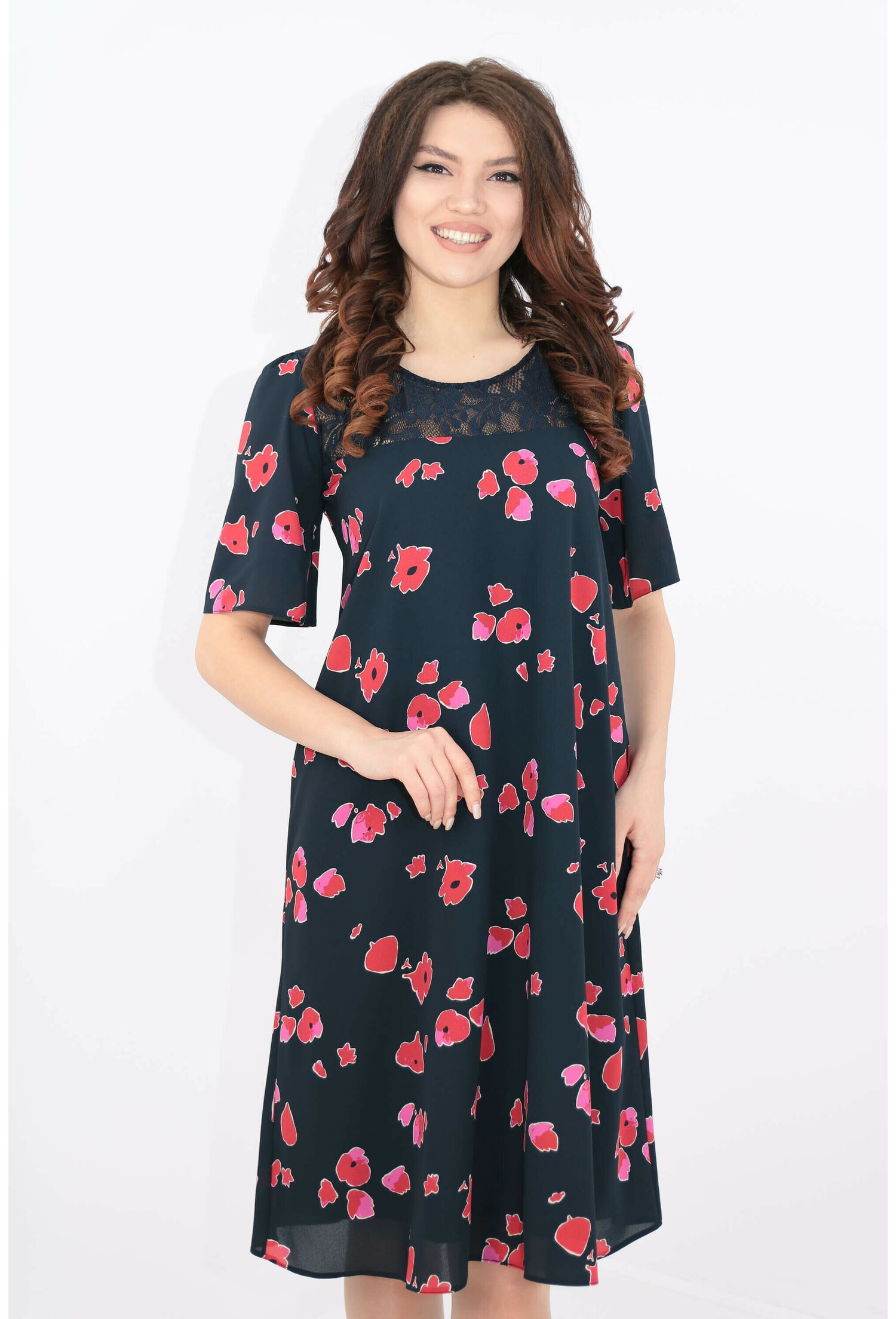 Rochie bleumarin cu print floral si dantela