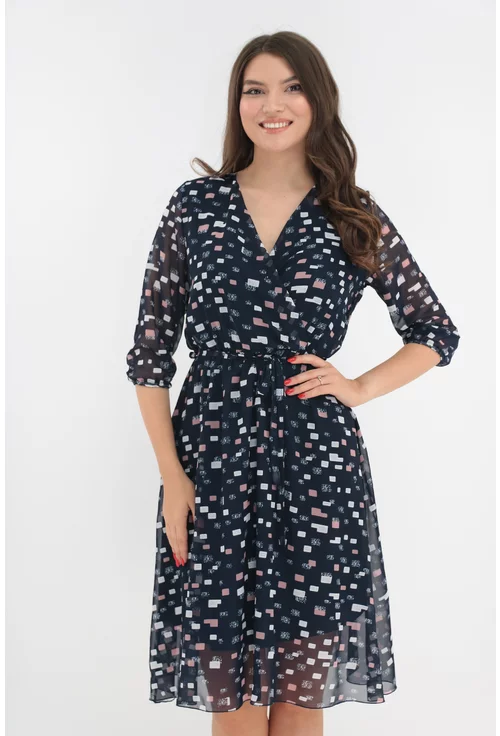 Rochie bleumarin cu print geometric roz-alb