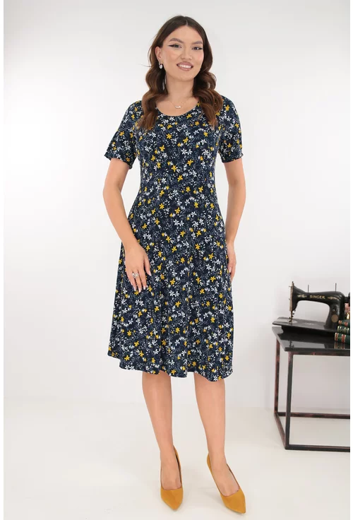Rochie bleumarin in clini cu flori discrete albe si galbene