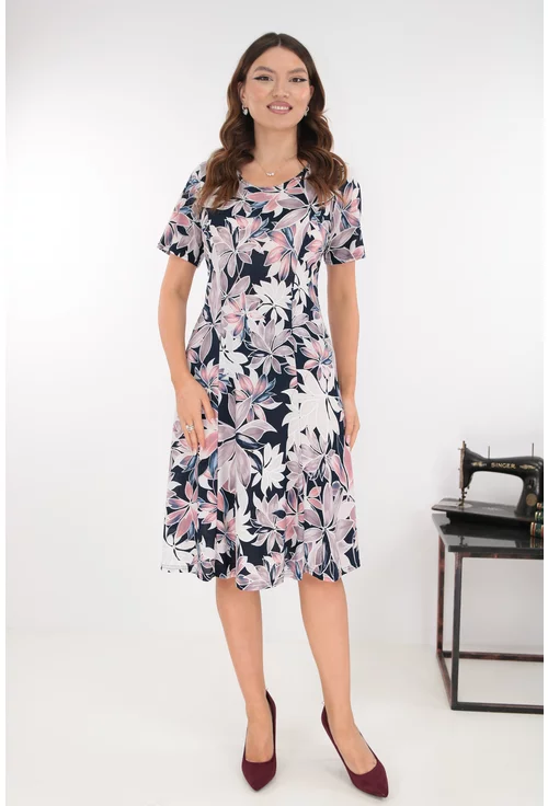 Rochie bleumarin in clini cu flori maxi cafenii