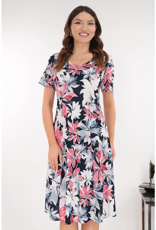 Rochie bleumarin in clini cu flori maxi corai