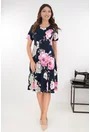 Rochie bleumarin in clini cu flori maxi roz-bej