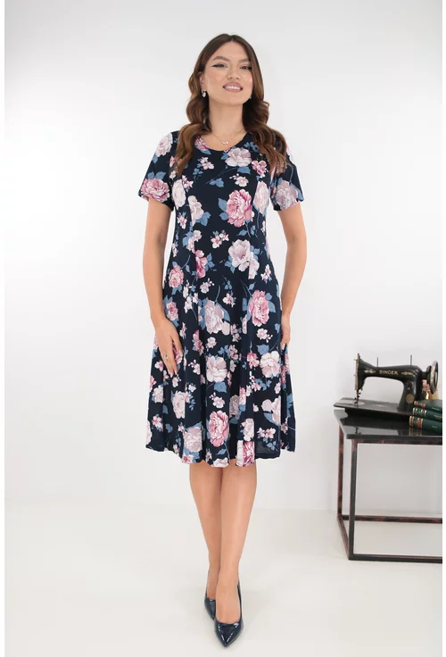 Rochie bleumarin in clini cu flori maxi roz-gri