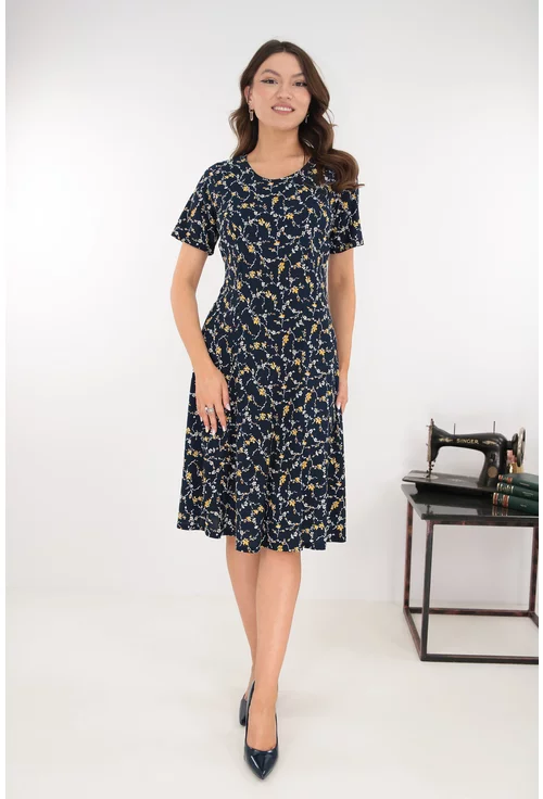 Rochie bleumarin in clini cu imprimeu floral galben