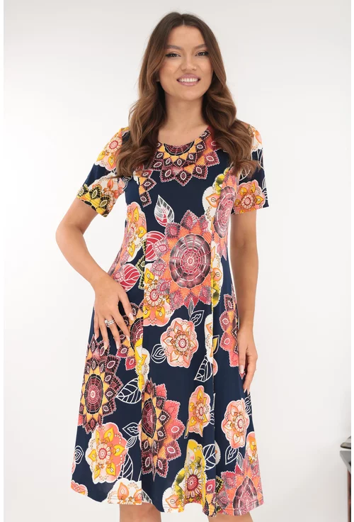Rochie bleumarin in clini cu print floral caramiziu