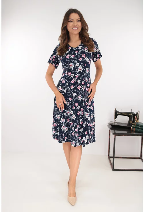 Rochie bleumarin in clini cu print floral fucsia