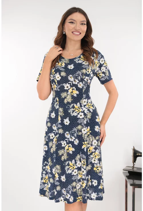 Rochie bleumarin in clini cu print floral galben