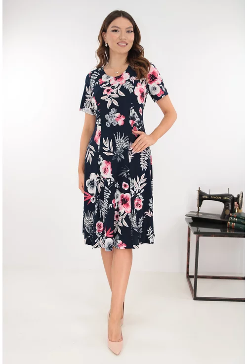 Rochie bleumarin in clini cu print floral maxi fucsia