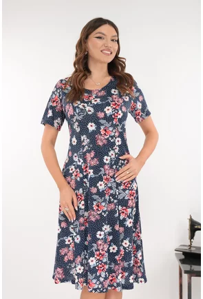 Rochie bleumarin in clini cu print floral rosu-gri